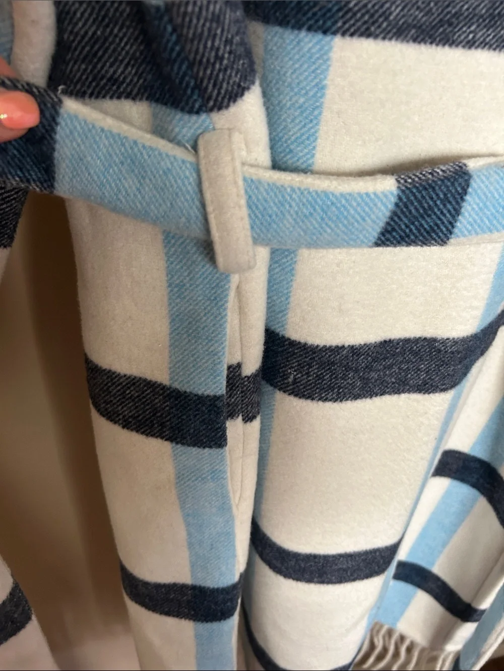 Striped Belted Fringe Multi coat in White, Light Blue & Navy (worn 2x)